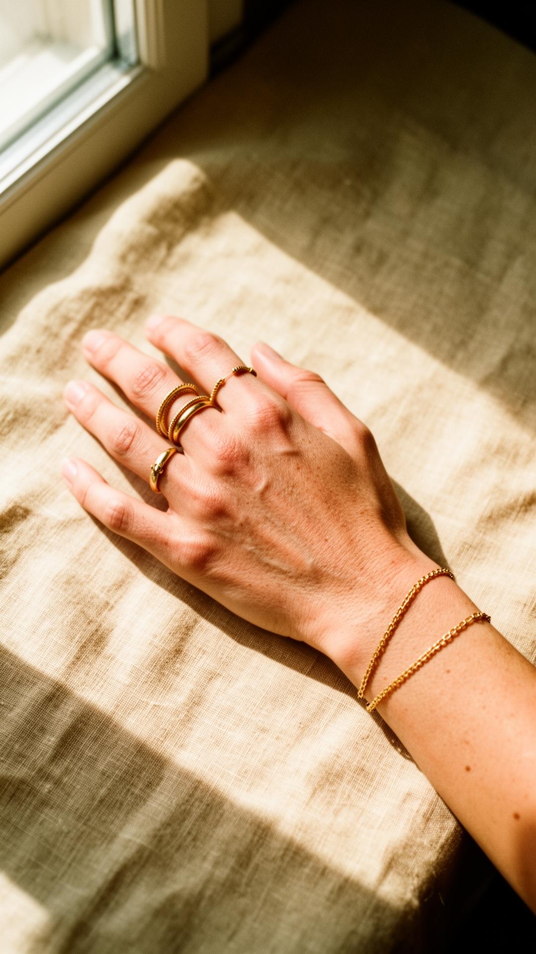 Hand wearing layered Saint Eva rings and bracelets